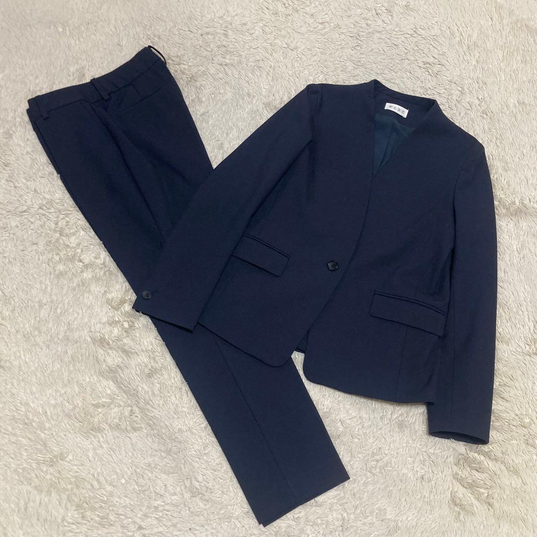 PLST 美品【洗濯機で洗える】ノーカラー ジャケット パンツ 濃紺 ネイビー