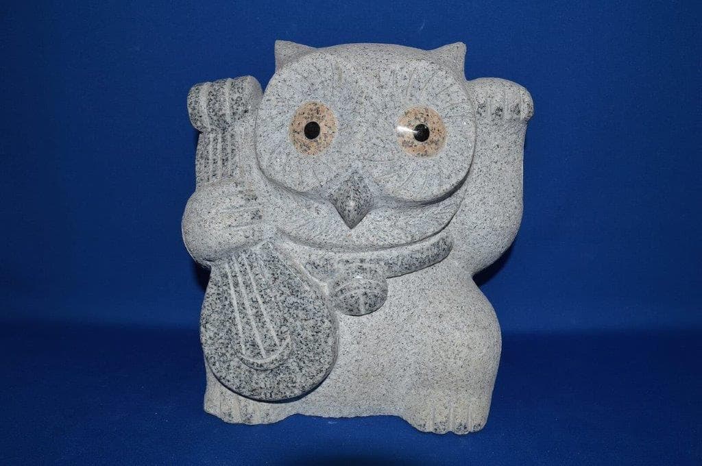 【新品】招きふくろう・弁財天　高さ24㎝／石像　石材　置物　フクロウ　七福神