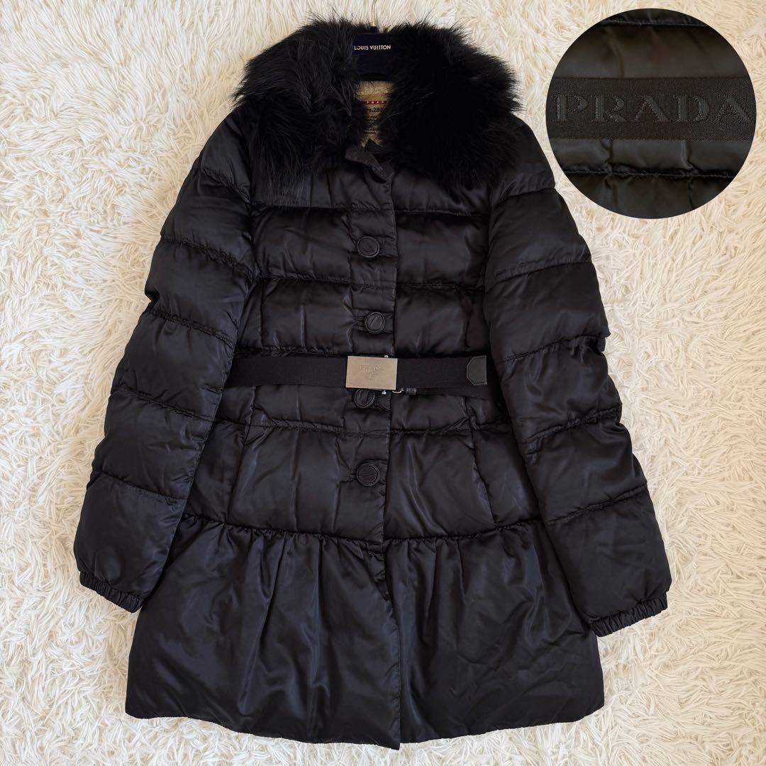 専用　プラダ　ダウンコート　ラクーンファー　ロゴベルト　Lサイズ　ブラック