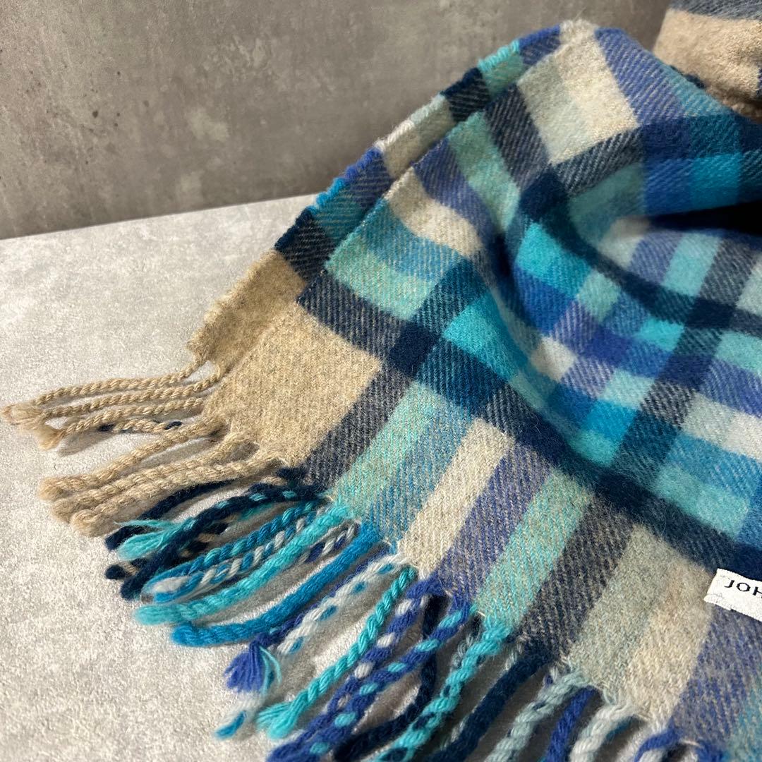 JOHNSTONS カシミヤ100% チェック マフラーブルースコットランド製