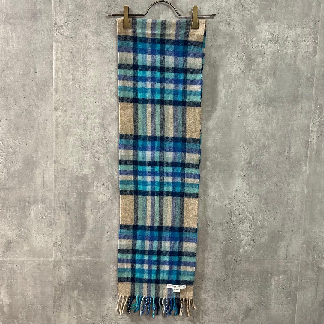 JOHNSTONS カシミヤ100% チェック マフラーブルースコットランド製