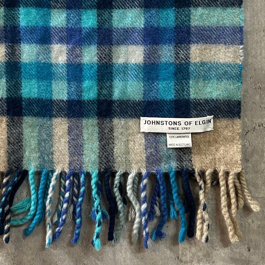 JOHNSTONS カシミヤ100% チェック マフラーブルースコットランド製