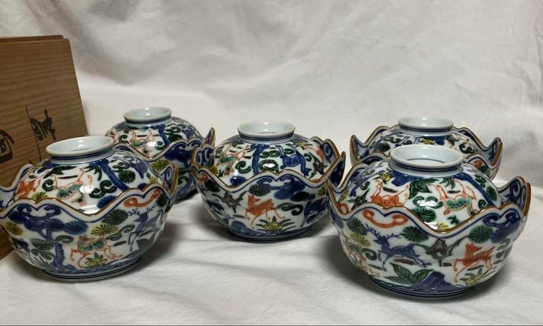 平安京泉　向付　５客　色絵　松鹿文　蓋向付