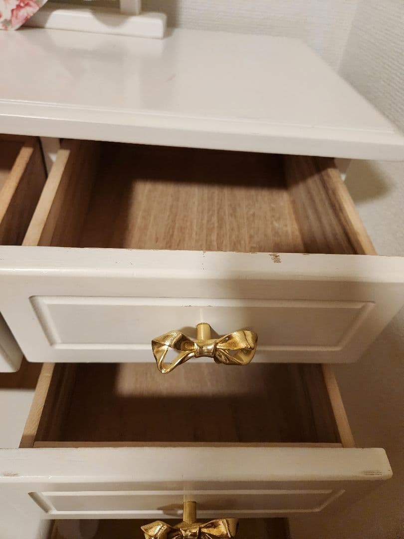 【美品】ネコ脚 ドレッサー 天然木セット 可愛い ホワイト家具 化粧台 スツール