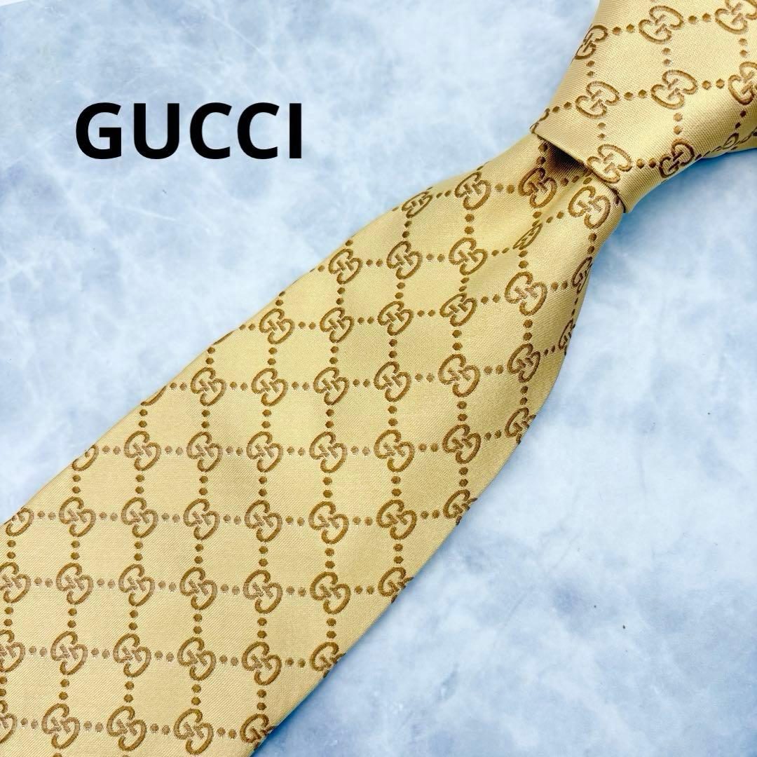 【美品】GUCCI グッチ ネクタイ GG柄 総柄 ゴールド イエロー シルク