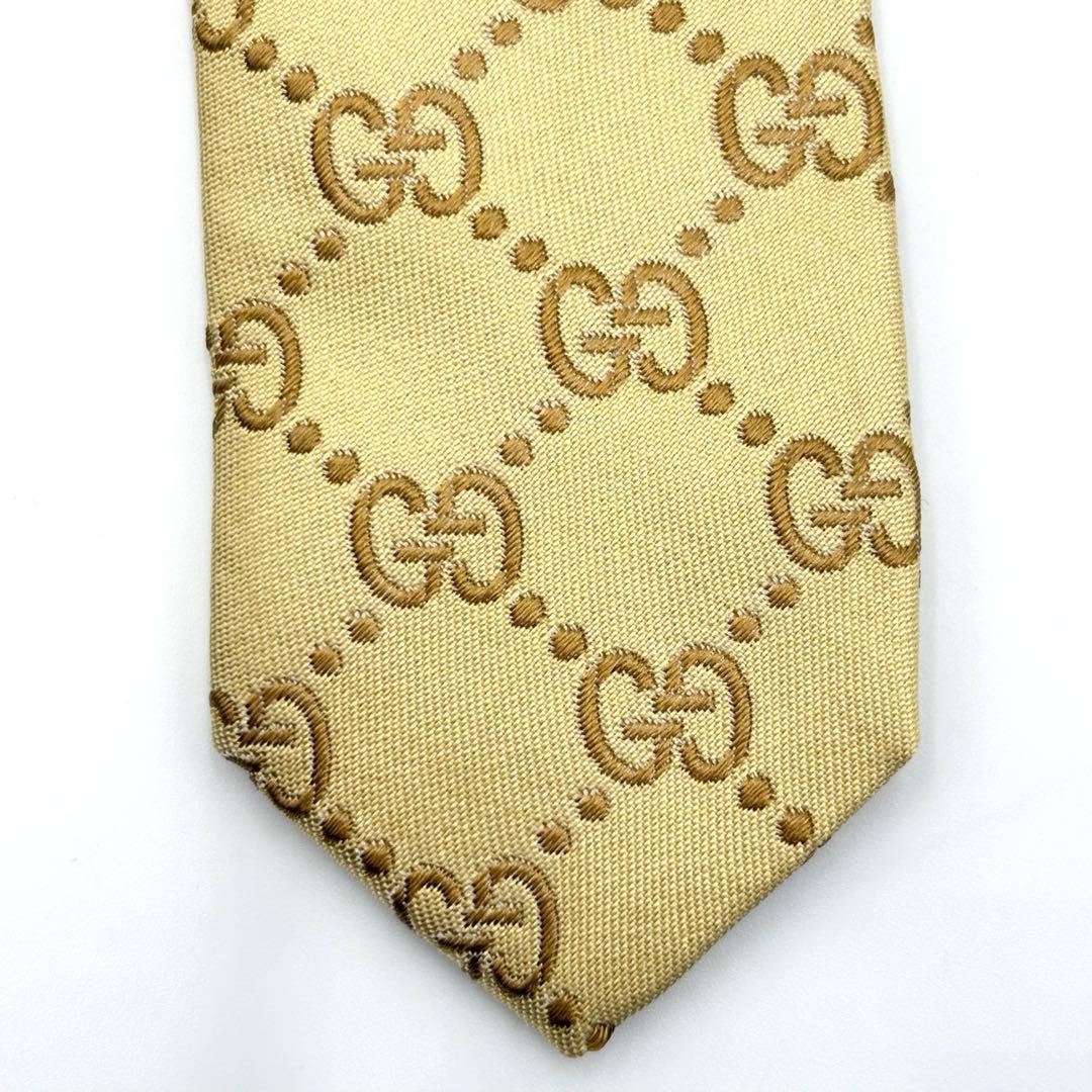 【美品】GUCCI グッチ ネクタイ GG柄 総柄 ゴールド イエロー シルク