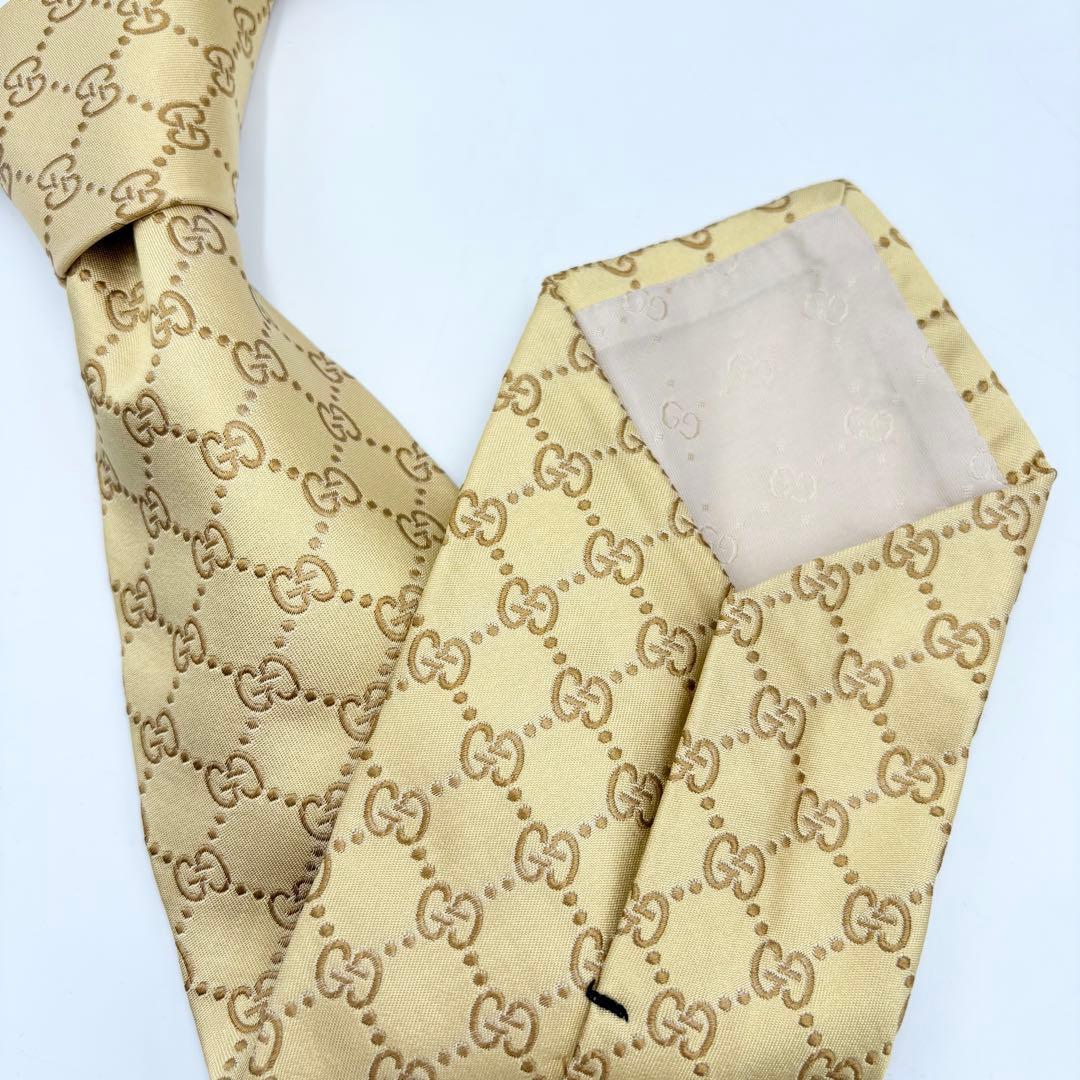 【美品】GUCCI グッチ ネクタイ GG柄 総柄 ゴールド イエロー シルク