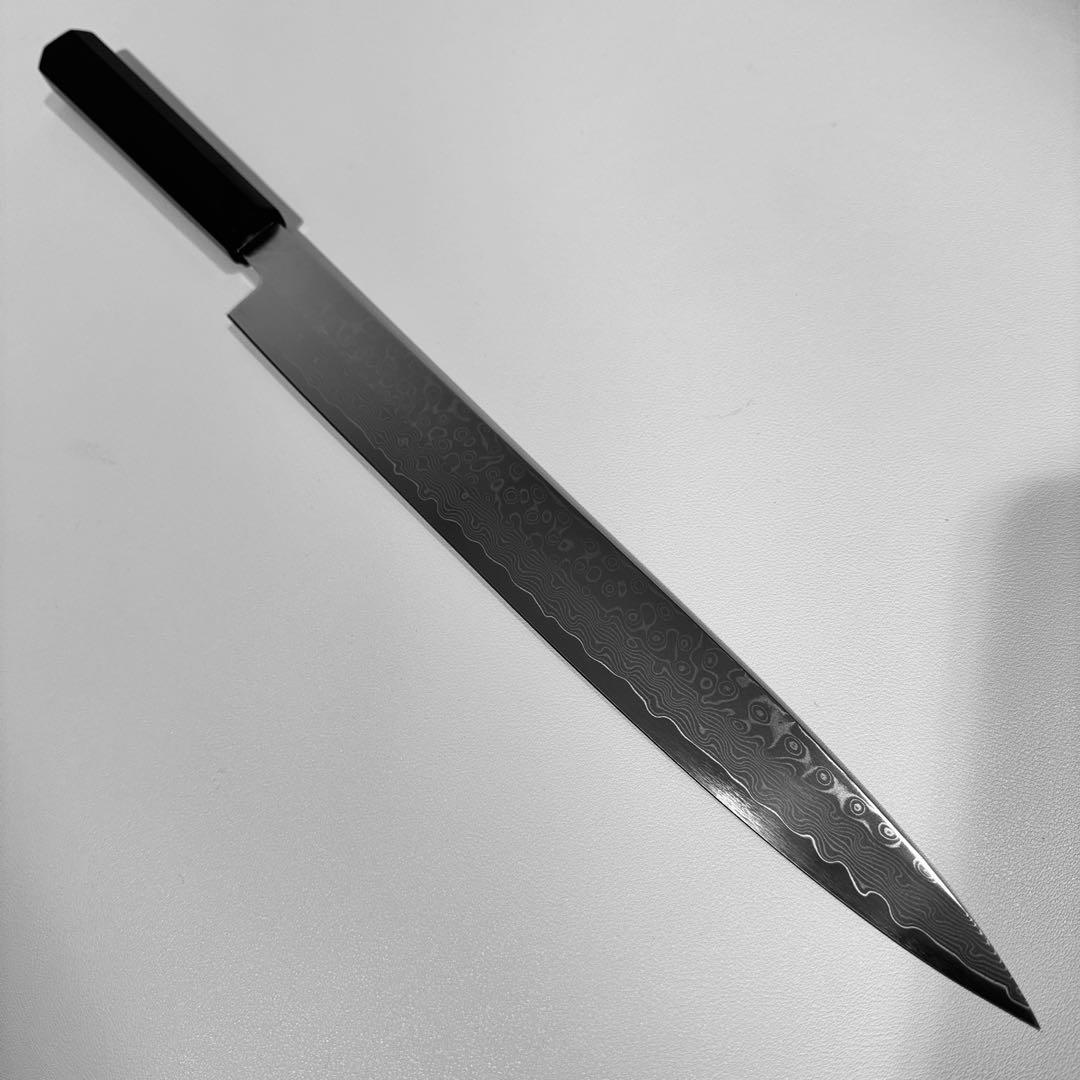 尺300mm 柳刃包丁 墨流しダマスカス　天然牛角黒檀八角柄　刺身包丁 和包丁