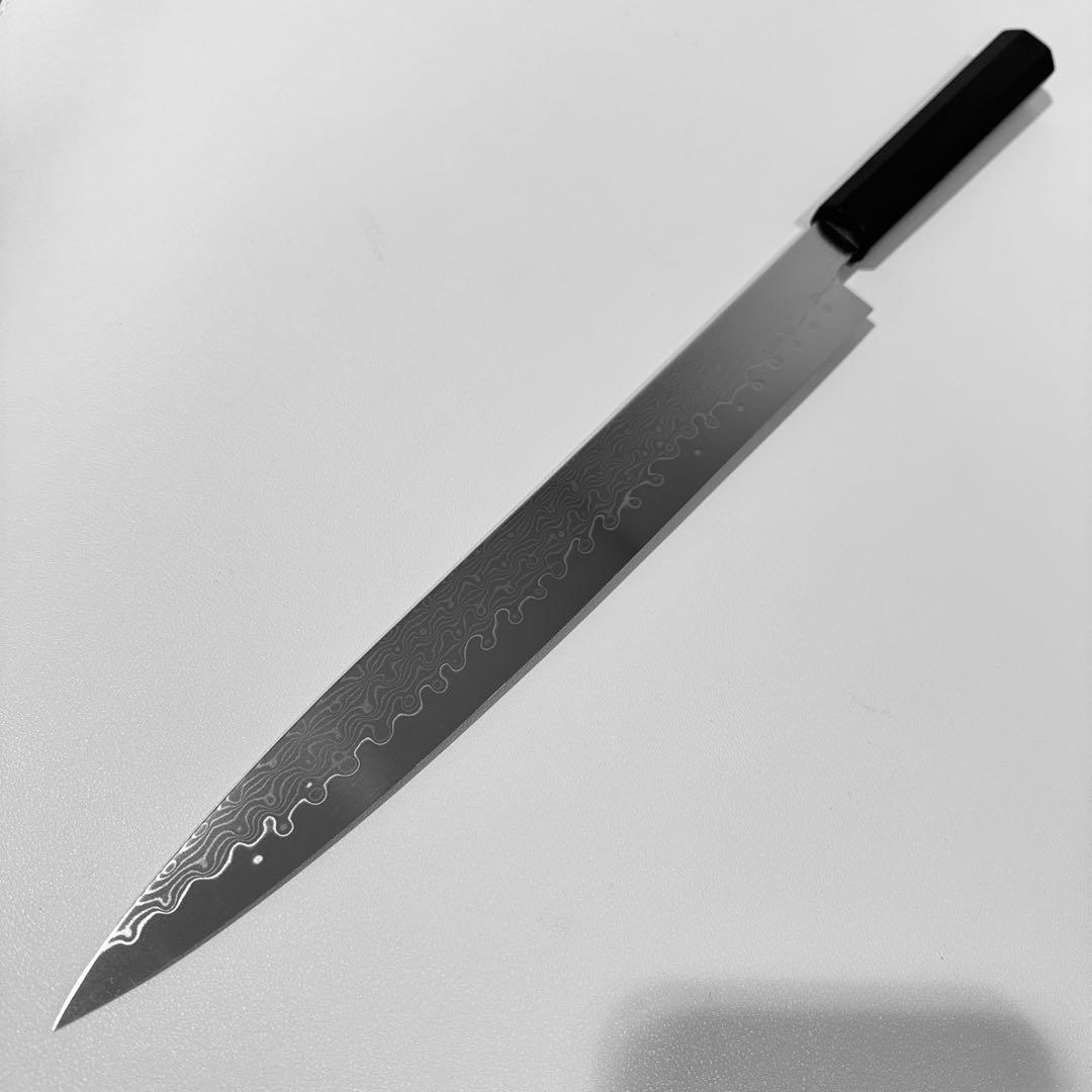 尺300mm 柳刃包丁 墨流しダマスカス　天然牛角黒檀八角柄　刺身包丁 和包丁