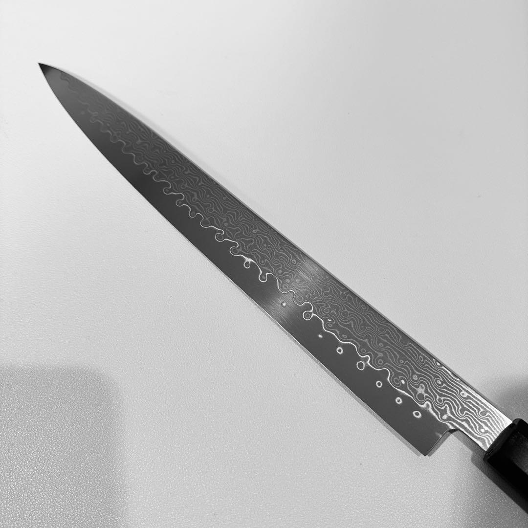 尺300mm 柳刃包丁 墨流しダマスカス　天然牛角黒檀八角柄　刺身包丁 和包丁