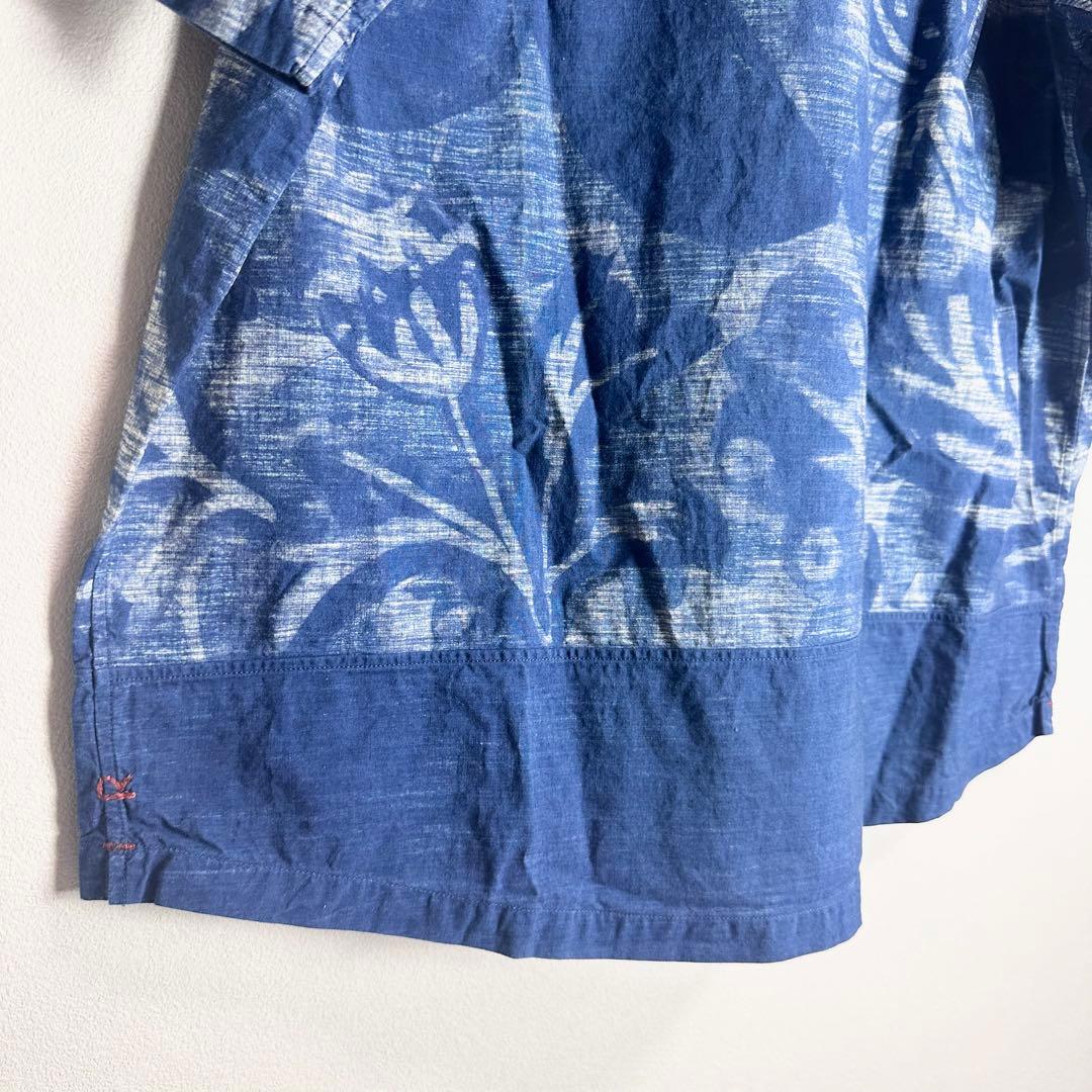 45R 半袖シャツ　XLサイズ相当 大きいサイズ　インディゴ　洗える　総柄　青