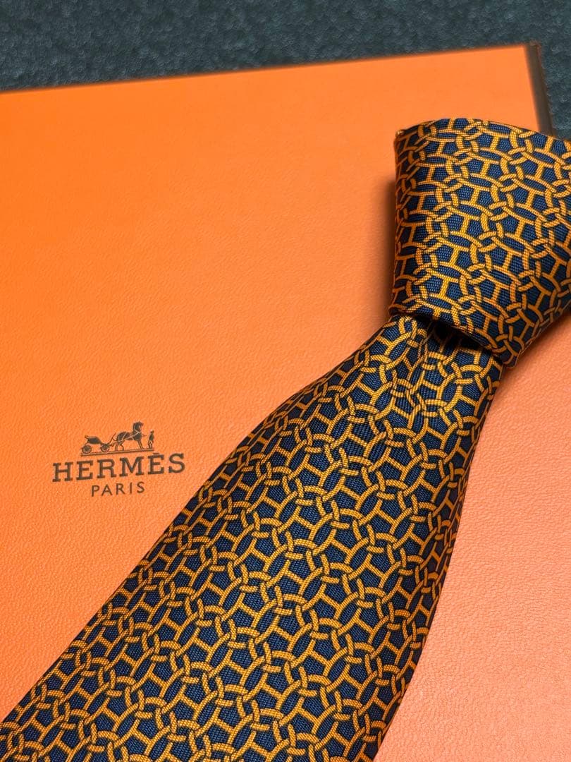 【美品】 HERMES エルメス ネクタイ Hロゴ オレンジ×ブラック