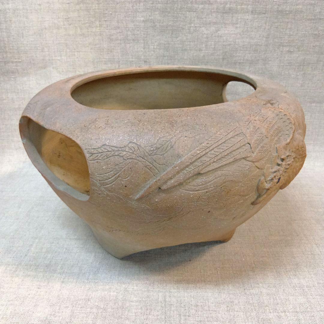 盆栽鉢 水盤 鳥のレリーフ 素焼きの鉢 陶器製オープントップボウル 1点物