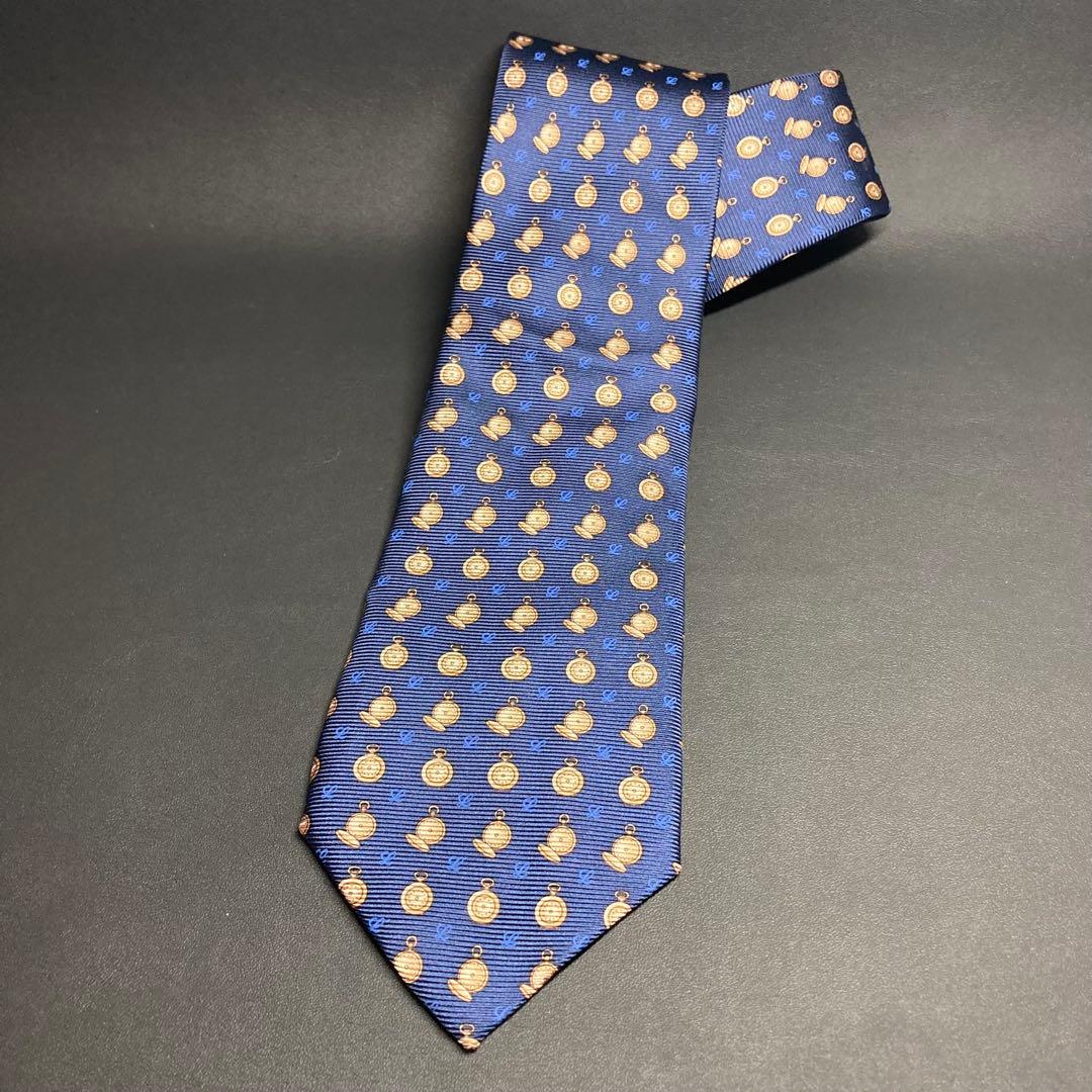 【美品】LOEWE ロエベ　ネクタイ　ネイビー　ブラウン　ブルー　懐中時計柄
