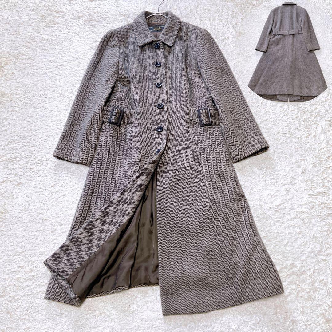 レリアン　アンゴラウールロングコート ウエストベルト　ヘリンボーン　M相当