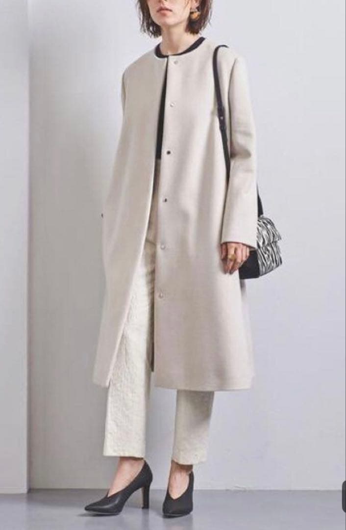 UNITEDALLOWS ロングコート　ノーカラーベルラインコート　ナチュラル