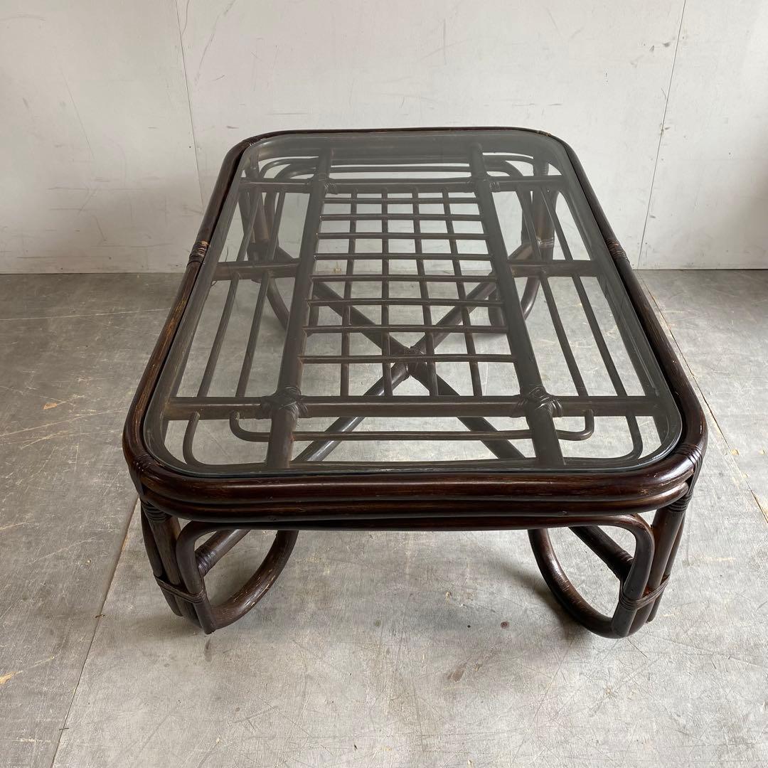 ヴィンテージ ラタン ガラス テーブル 籐 モダン 昭和レトロ z423