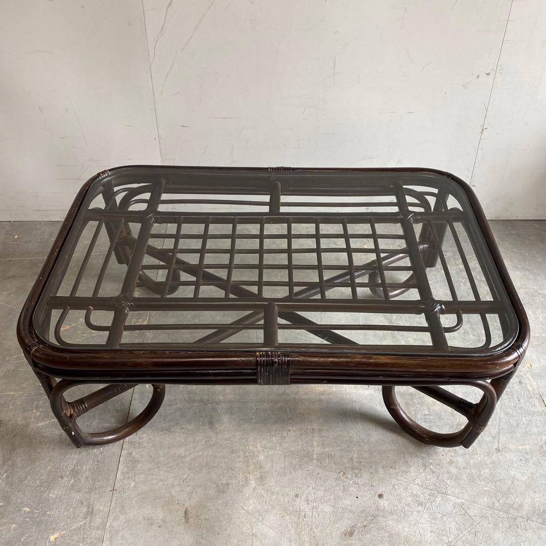 ヴィンテージ ラタン ガラス テーブル 籐 モダン 昭和レトロ z423