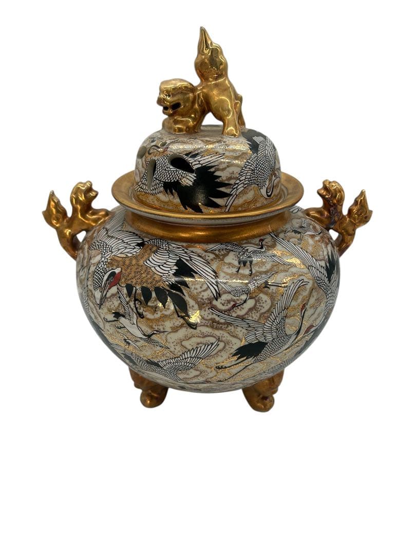 蓋付金襴手細密人物図三足飾壺 薩摩焼 明治時代 色絵 金彩 香炉 骨董品