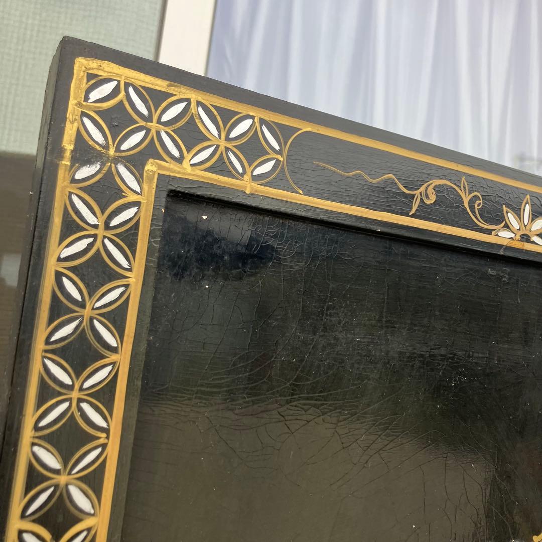 中国骨董 螺鈿細工 女性 古典画装飾彫り 木製 4連パーテーション 衝立 屏風