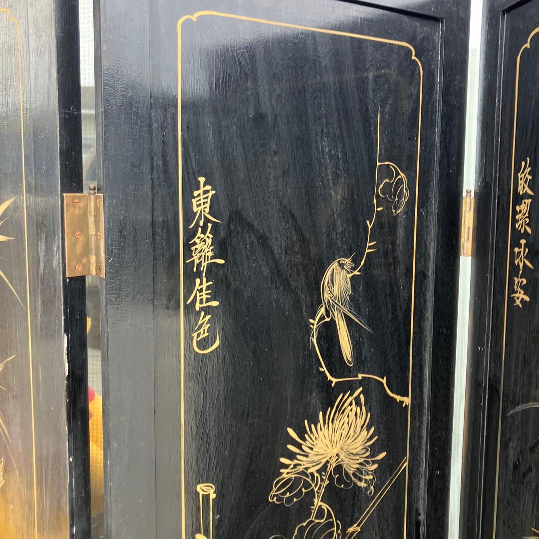 中国骨董 螺鈿細工 女性 古典画装飾彫り 木製 4連パーテーション 衝立 屏風