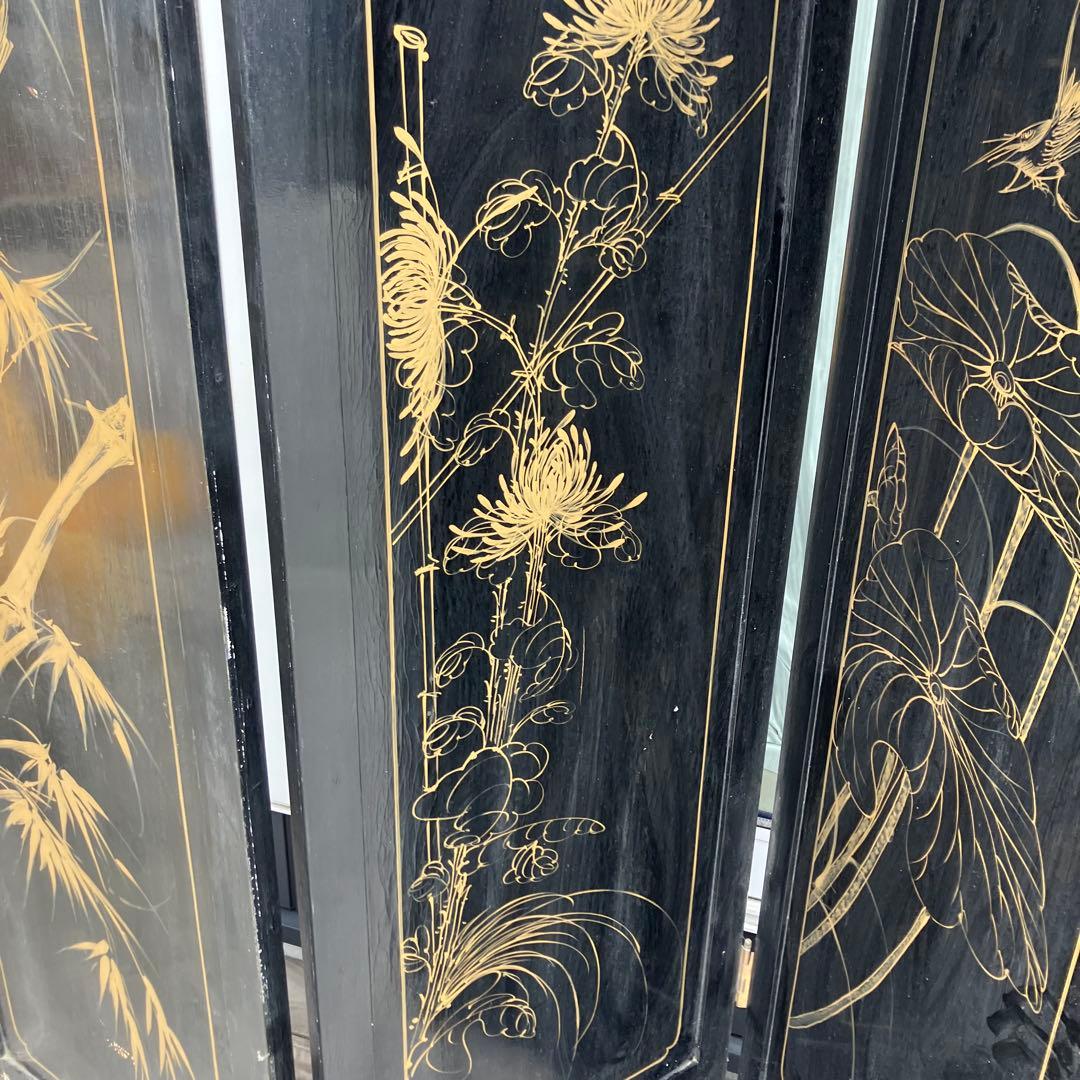 中国骨董 螺鈿細工 女性 古典画装飾彫り 木製 4連パーテーション 衝立 屏風