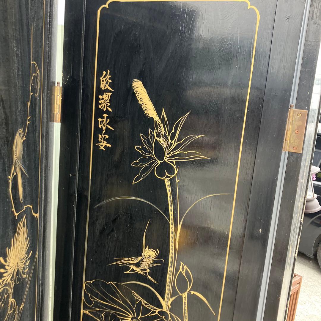 中国骨董 螺鈿細工 女性 古典画装飾彫り 木製 4連パーテーション 衝立 屏風