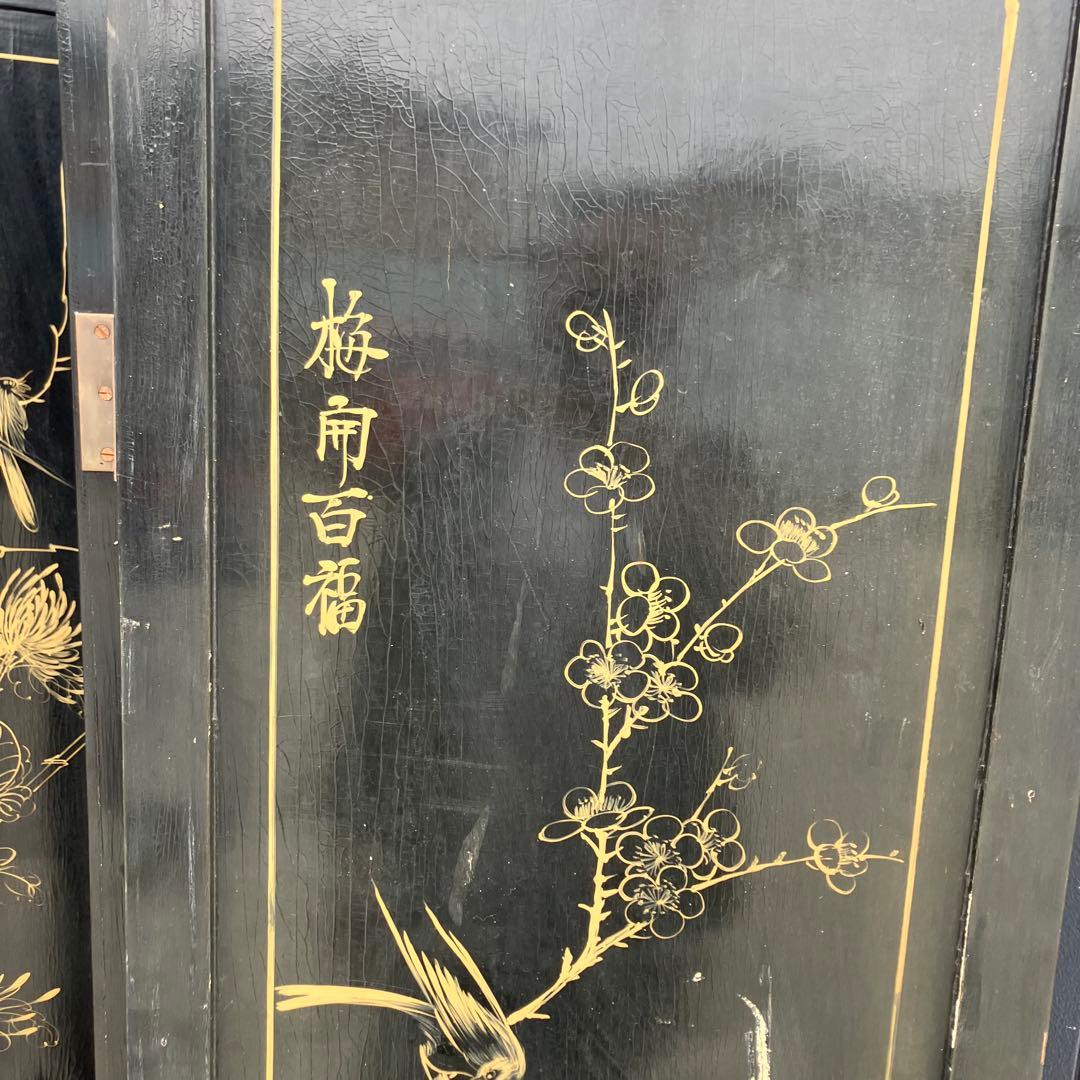 中国骨董 螺鈿細工 女性 古典画装飾彫り 木製 4連パーテーション 衝立 屏風