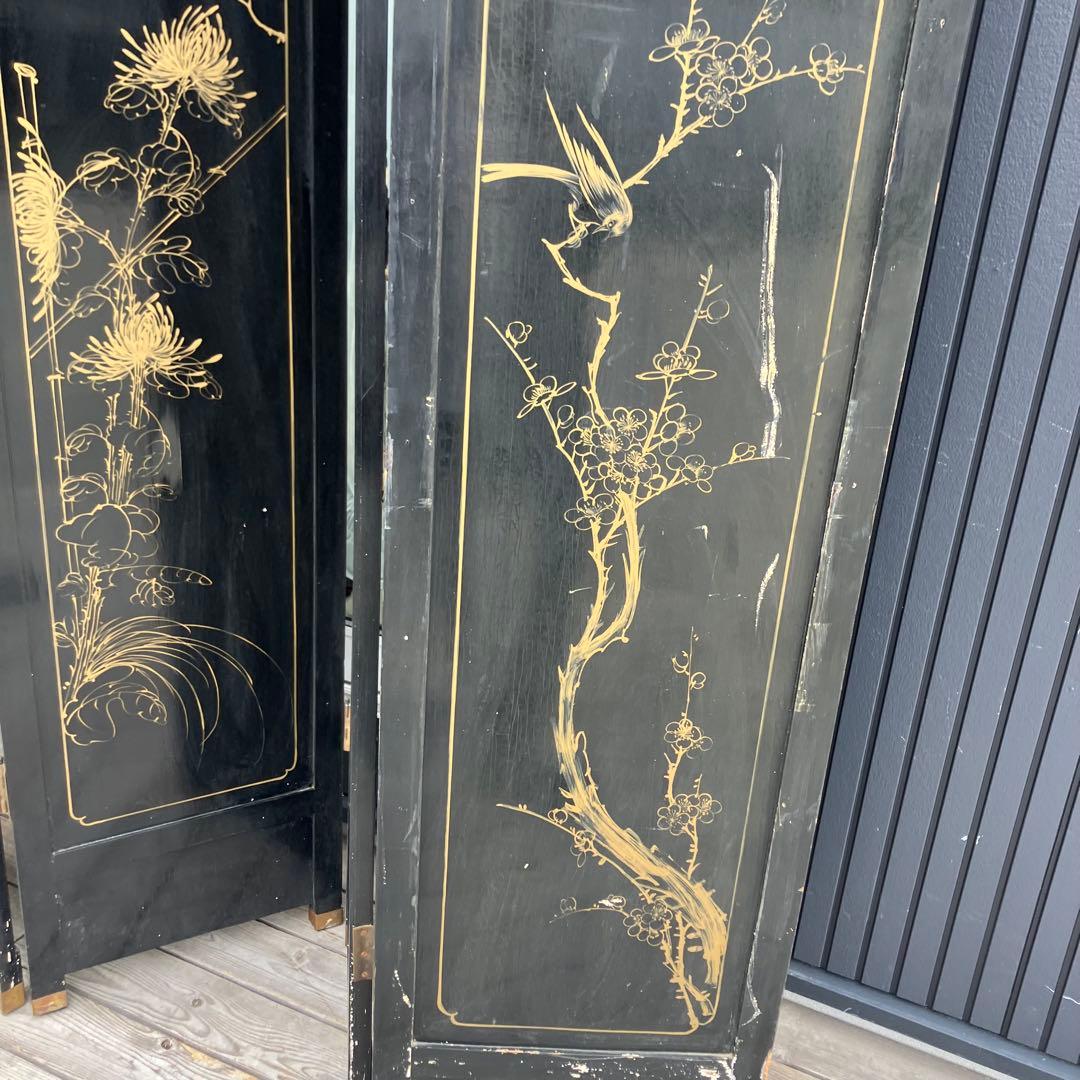 中国骨董 螺鈿細工 女性 古典画装飾彫り 木製 4連パーテーション 衝立 屏風