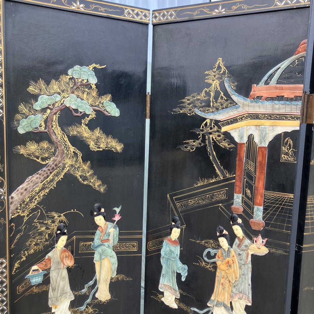 中国骨董 螺鈿細工 女性 古典画装飾彫り 木製 4連パーテーション 衝立 屏風