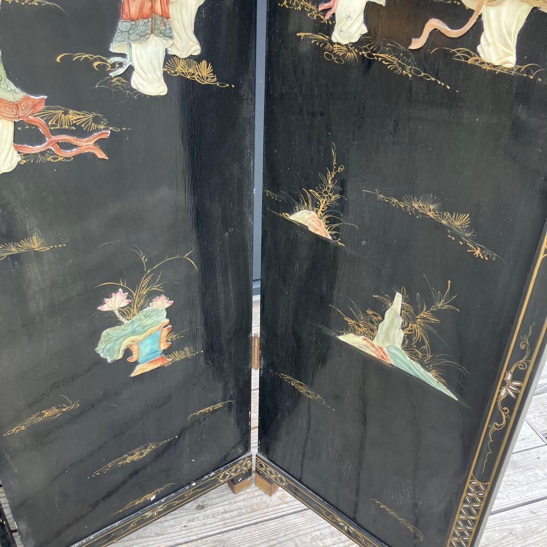 中国骨董 螺鈿細工 女性 古典画装飾彫り 木製 4連パーテーション 衝立 屏風