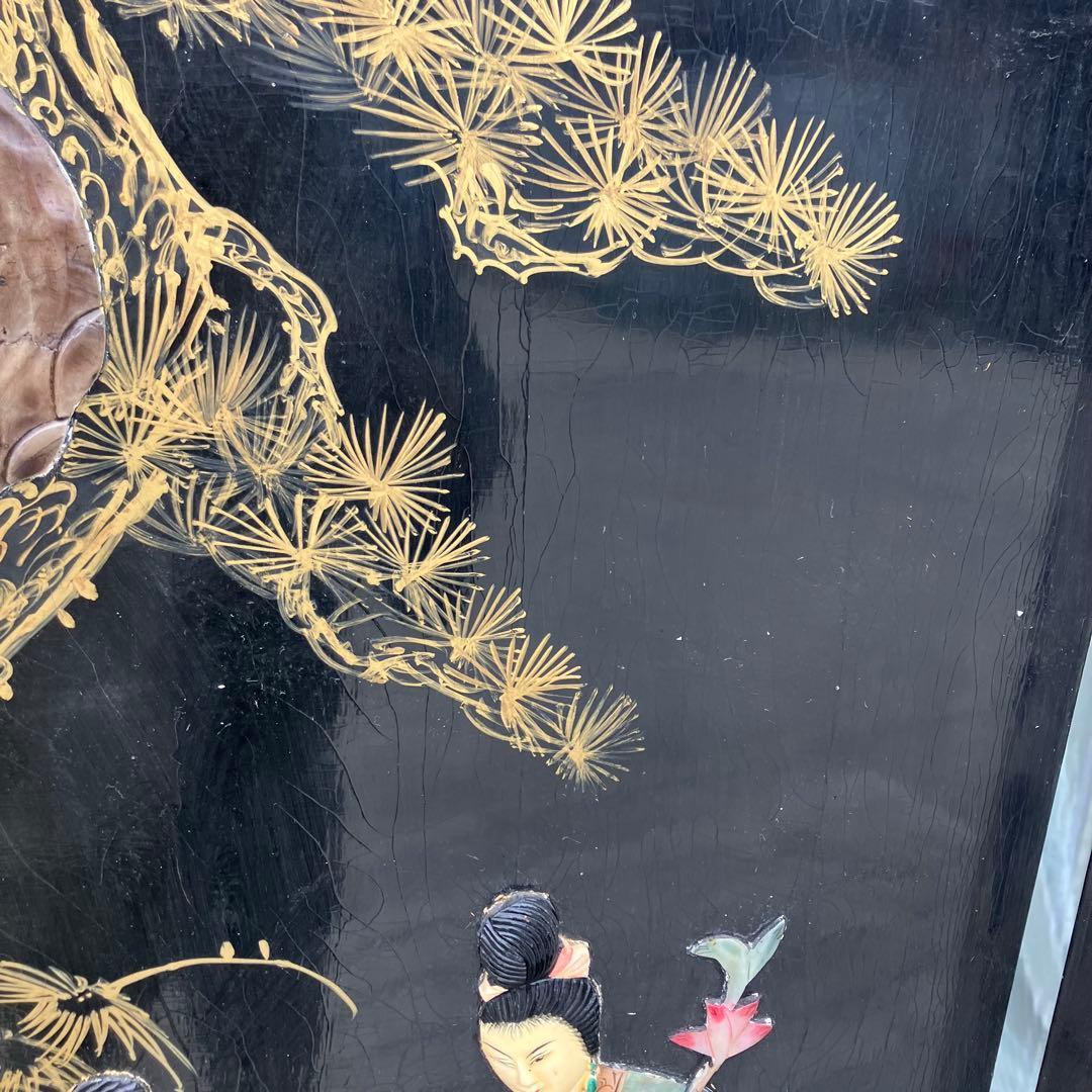 中国骨董 螺鈿細工 女性 古典画装飾彫り 木製 4連パーテーション 衝立 屏風