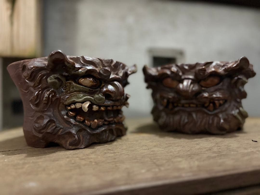 獅子の顔の植木鉢 琉球盆栽　塊根植物　作家鉢　シーサー　入手困難