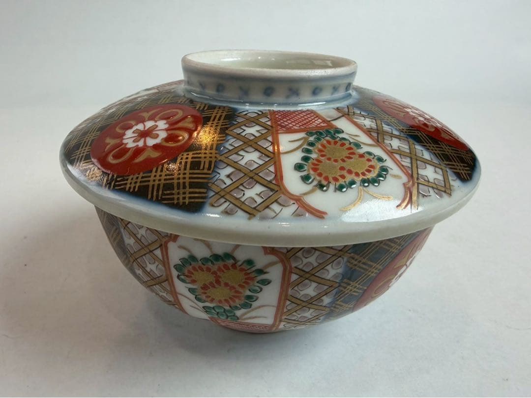 有田焼き　古伊万里　赤茶碗　蓋付き　色絵　5つ　NO.04