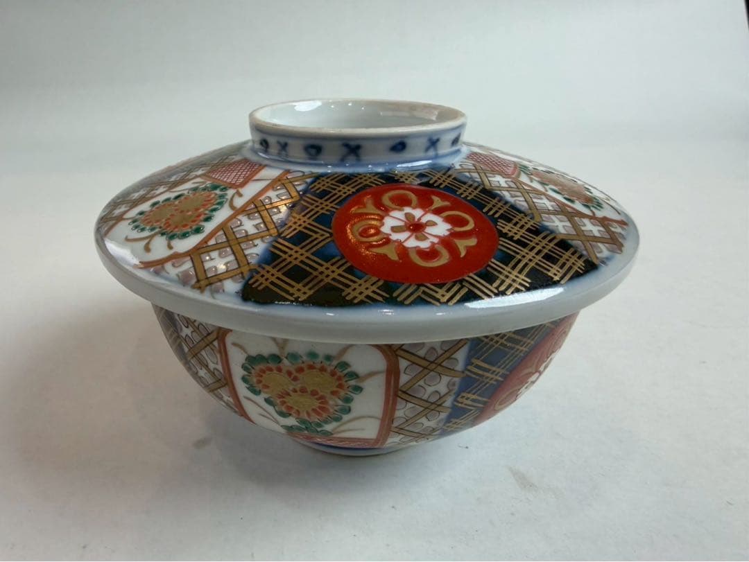 有田焼き　古伊万里　赤茶碗　蓋付き　色絵　5つ　NO.04