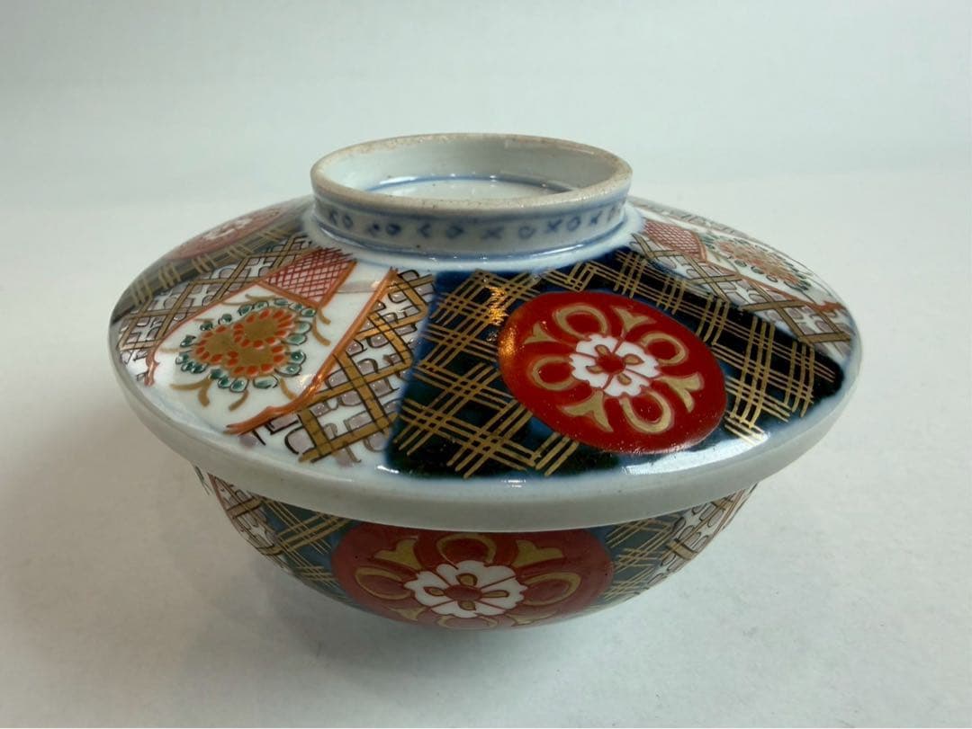 有田焼き　古伊万里　赤茶碗　蓋付き　色絵　5つ　NO.04
