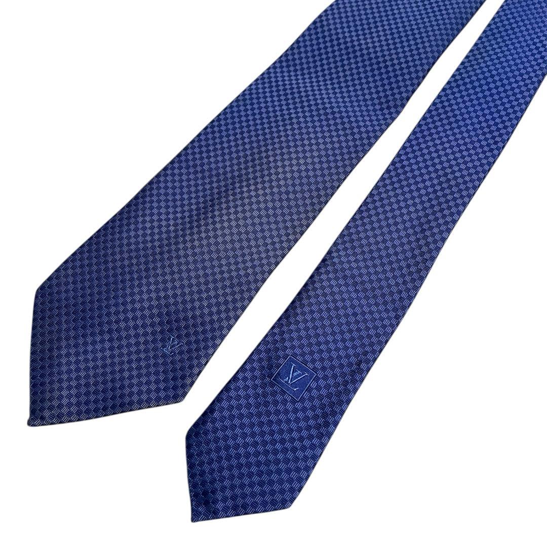 ルイヴィトン ネクタイ　マイクロダミエ　ブルー　ソリッドタイ