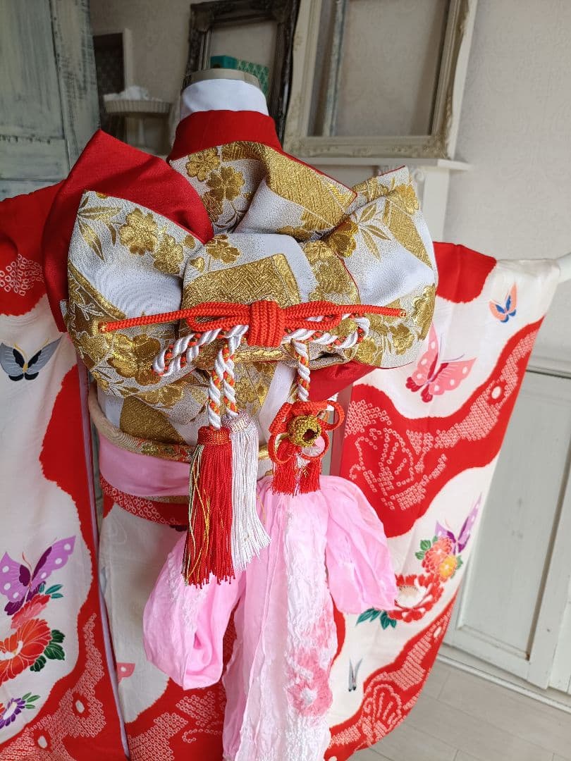 正絹★赤系部分絞り着物と作り帯フルセット