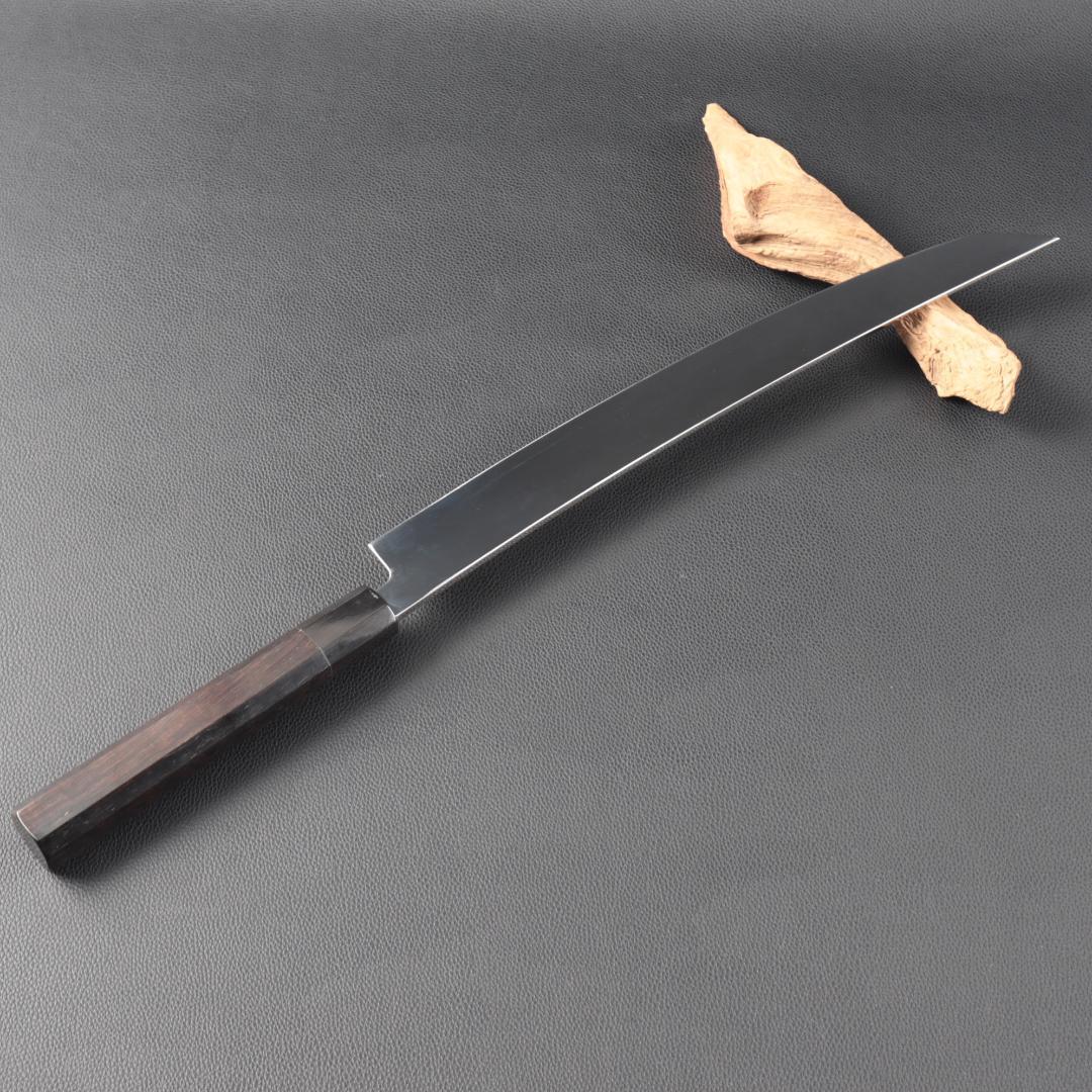 10968鬼反り先丸包丁尺二鏡面仕上げ刺身包丁 刃は究極の切れ味黒檀黒水牛八角柄