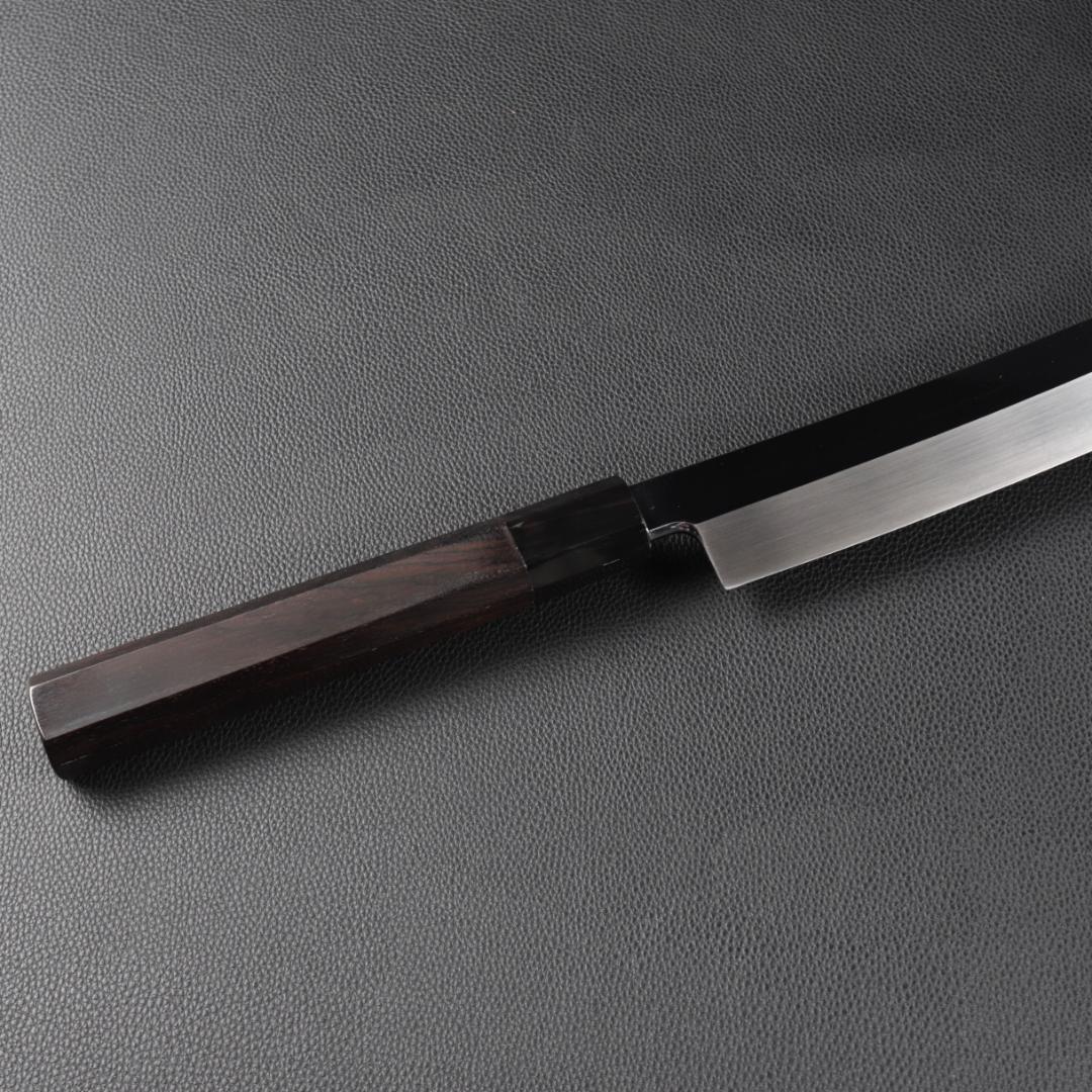 10968鬼反り先丸包丁尺二鏡面仕上げ刺身包丁 刃は究極の切れ味黒檀黒水牛八角柄