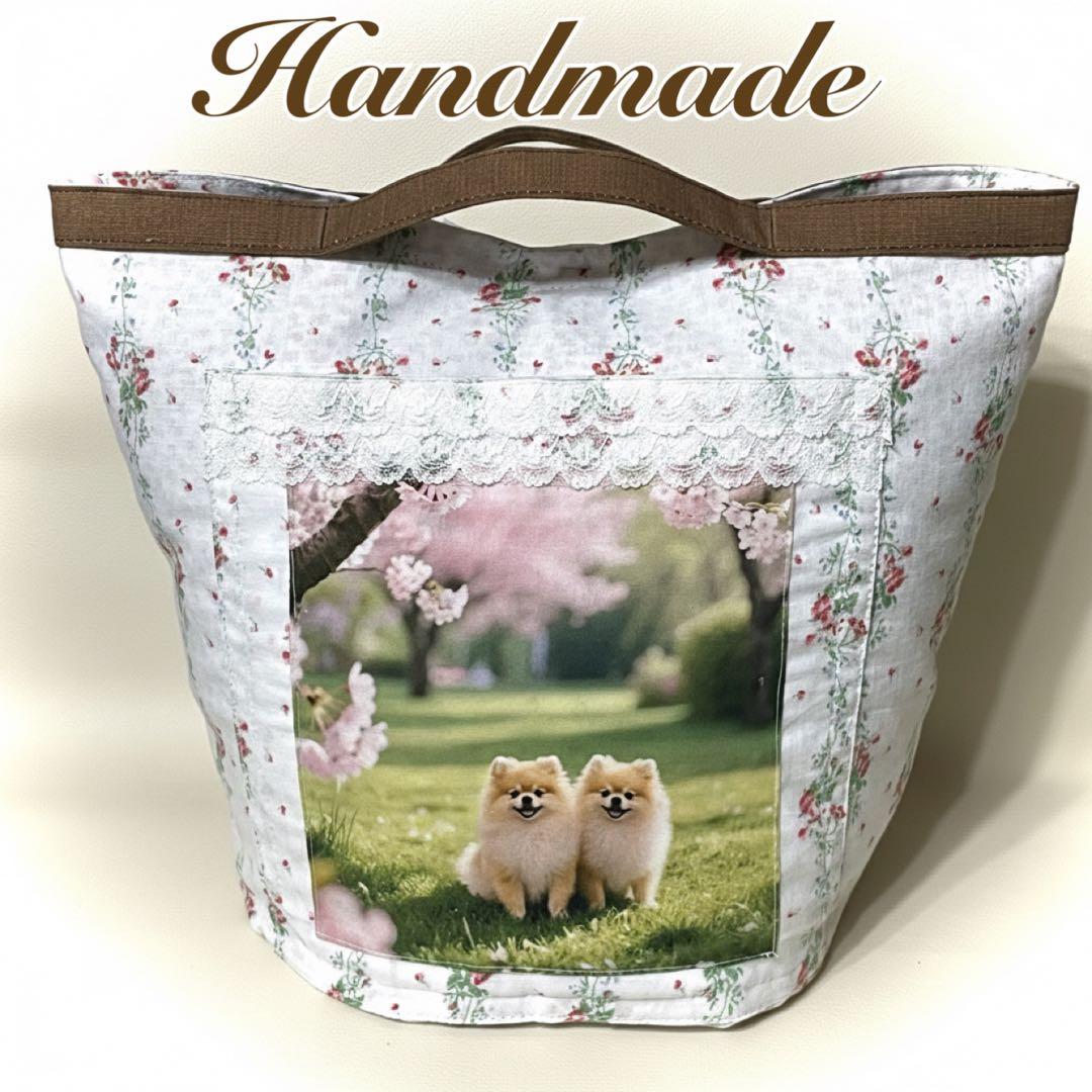 桜の散歩道ポメラニアン♡レースが彩る清楚なお花のコンビニエコバッグ