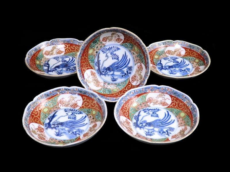 古伊万里　金襴手　玉乗り獅子に鳥の図　３寸半皿　５枚　066AS-CIf