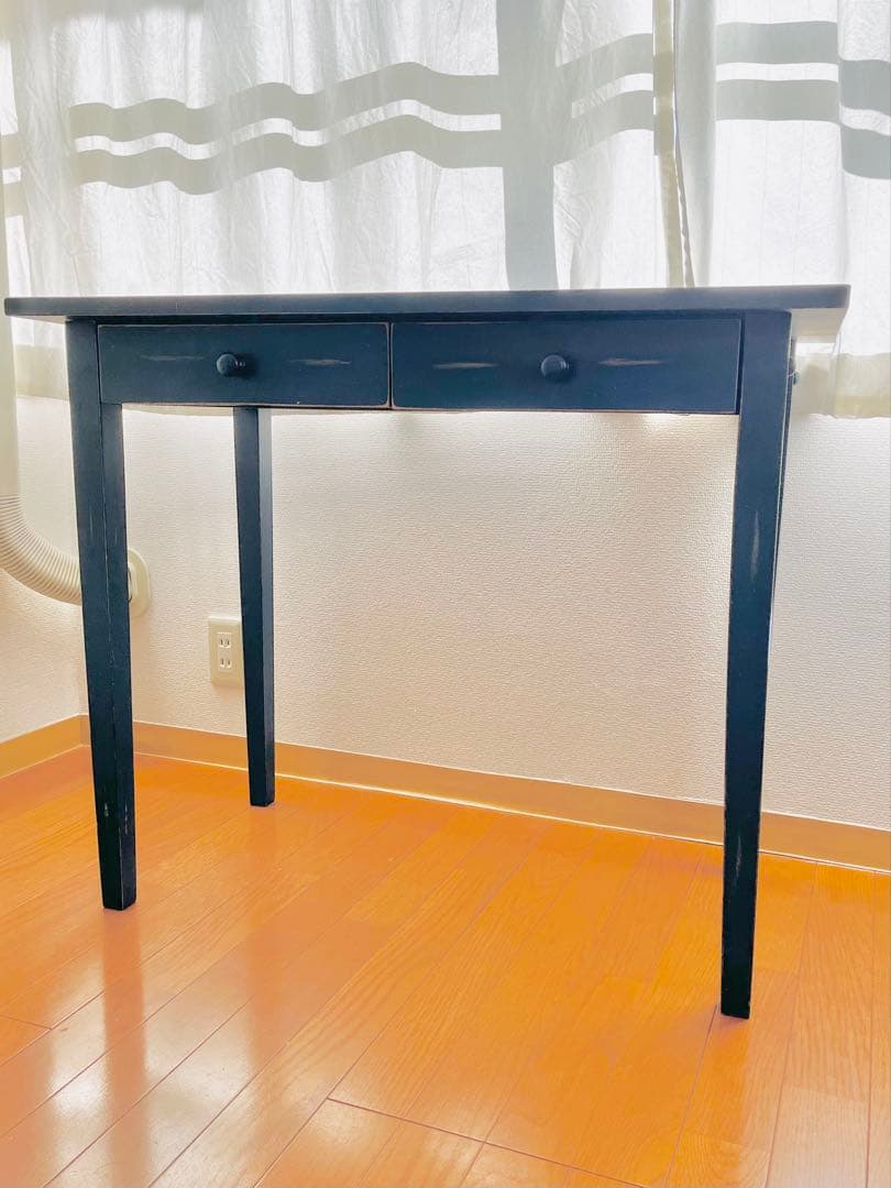 青の木製デスク　2引き出し付き