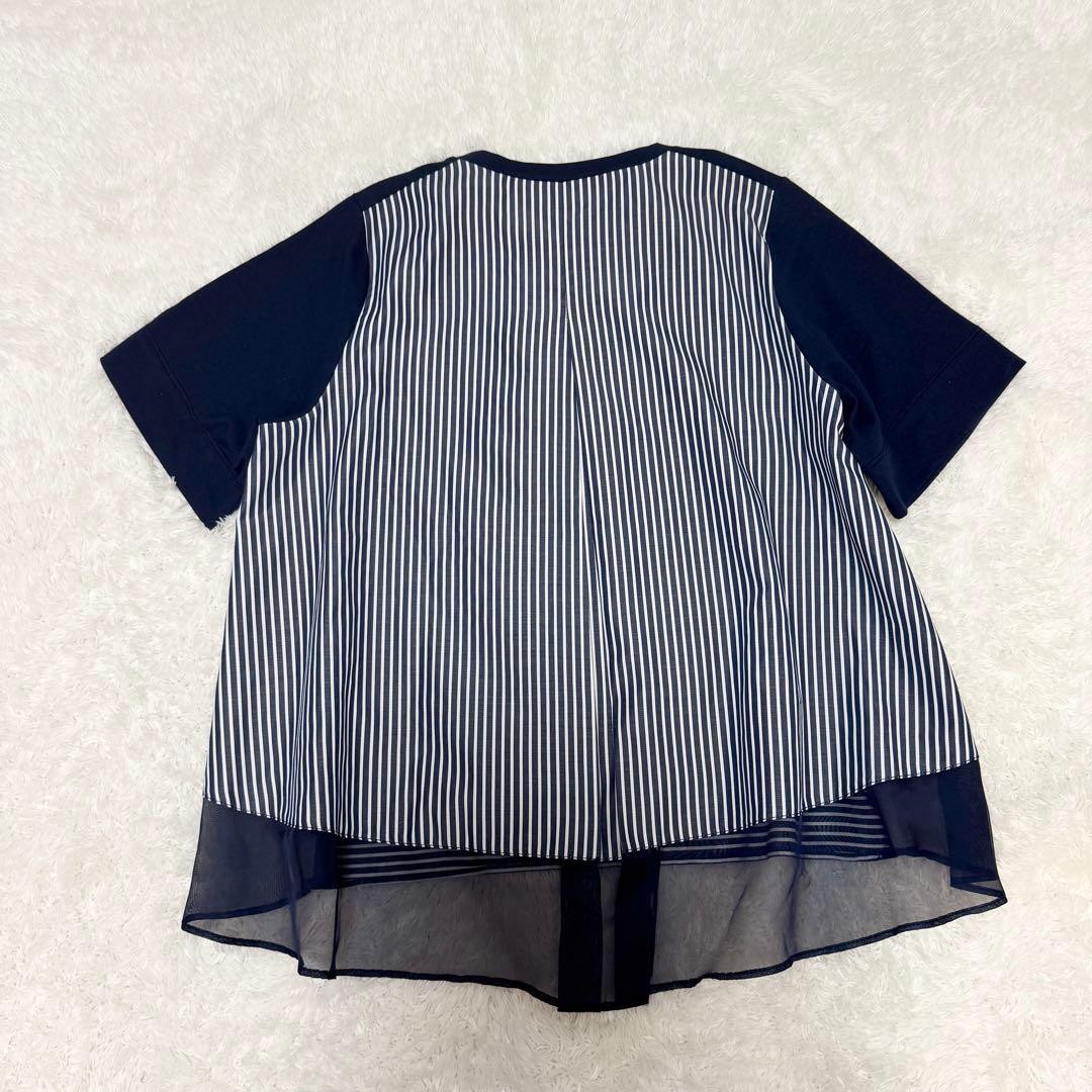 【ビアズリー】☆美品☆現行ストライプコンビカットソー 半袖　ネイビーFREE