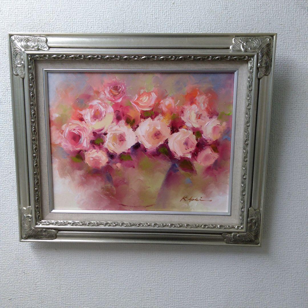 肉質油絵　横　F6 バラの花と花瓶　青木今陽　額装仕上げ品