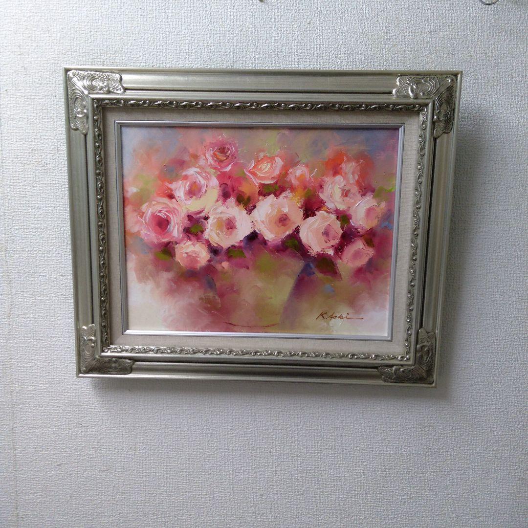 肉質油絵　横　F6 バラの花と花瓶　青木今陽　額装仕上げ品