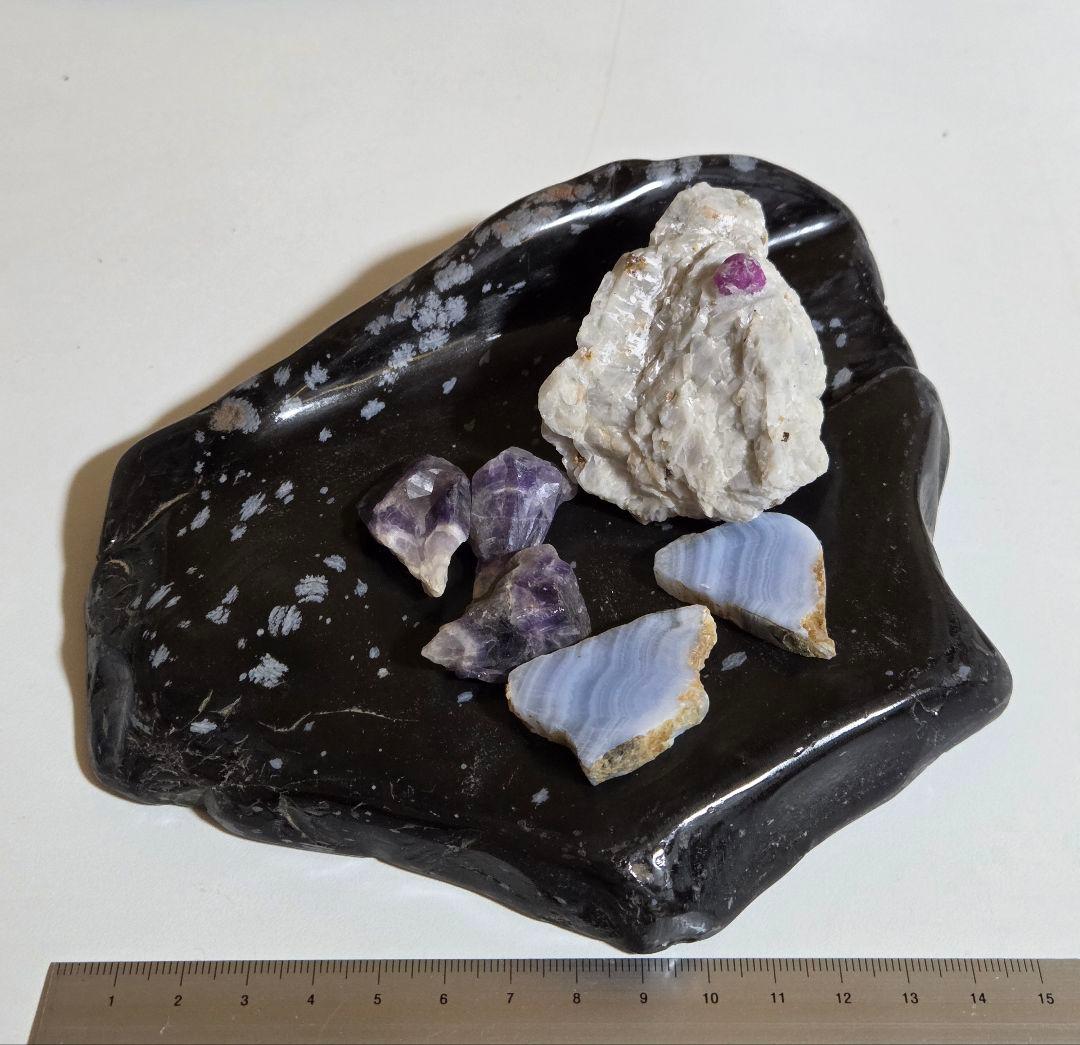 スノーフレークオブシディアン　雪花黒曜石　お皿　699g　W180D150H40