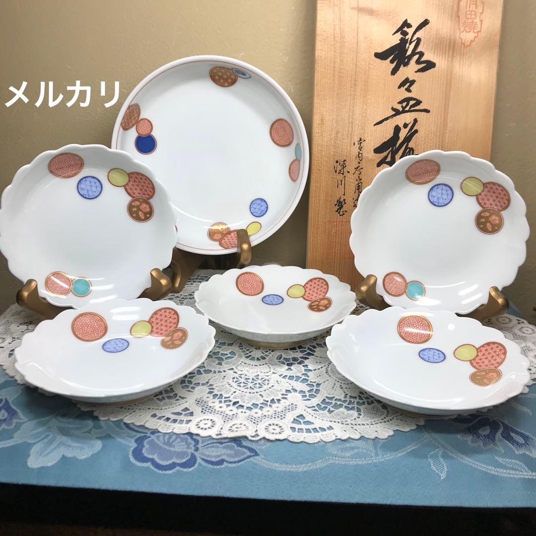 深川製磁　赤絵丸紋　銘々皿　5枚1セット(木箱入り)　＆　丸鉢　１客　ひなまつり