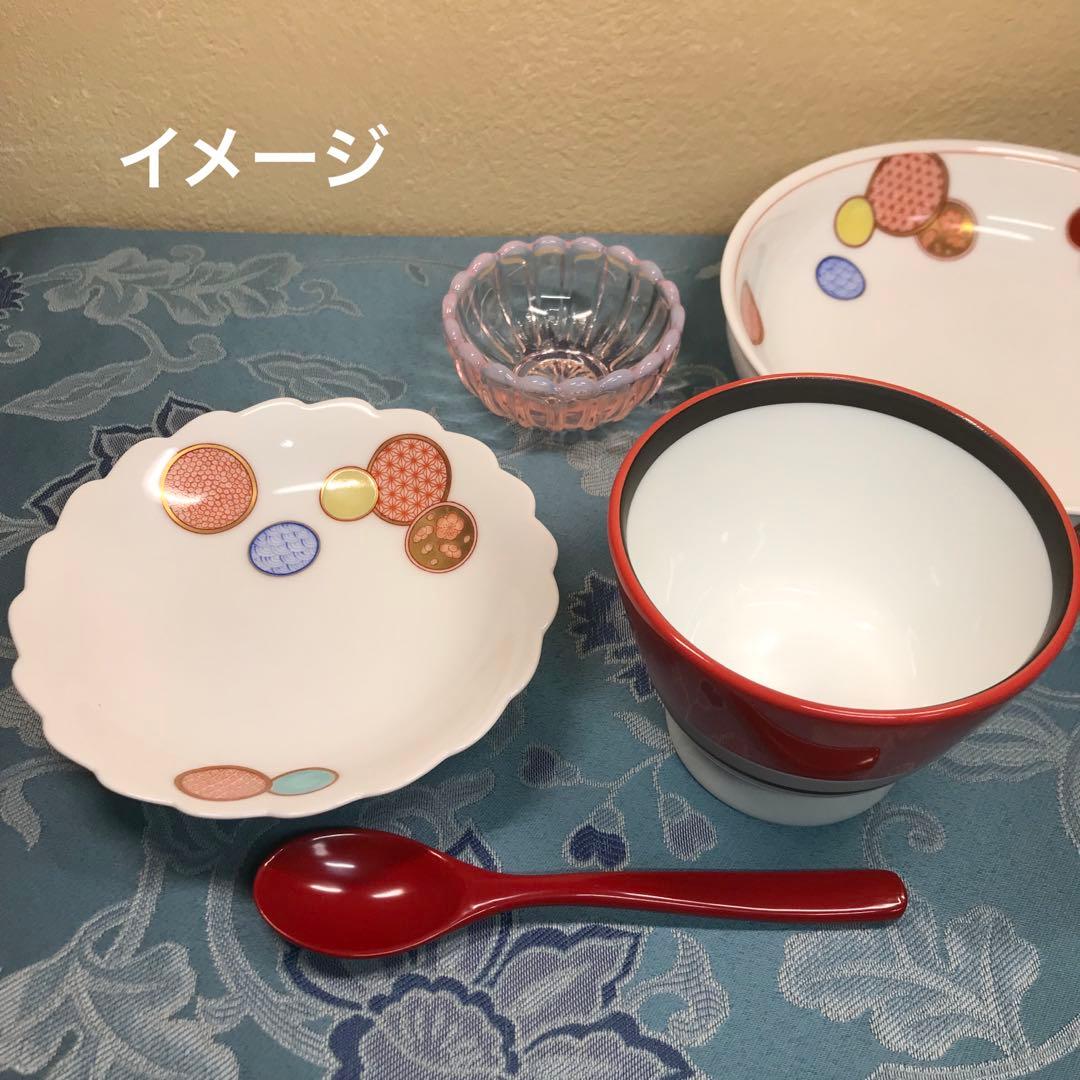 深川製磁　赤絵丸紋　銘々皿　5枚1セット(木箱入り)　＆　丸鉢　１客　ひなまつり