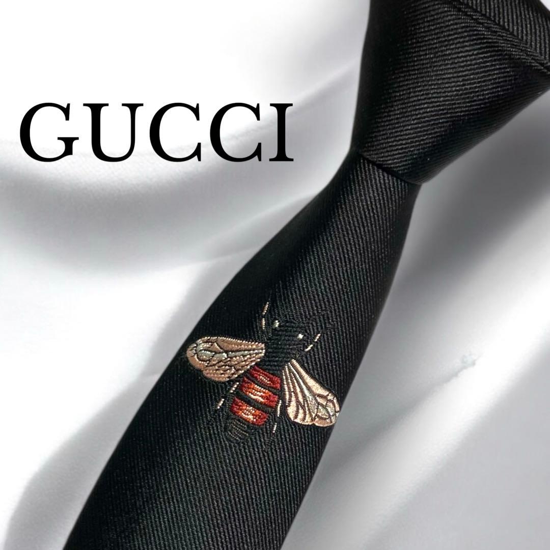 【美品】GUCCI グッチ　ネクタイ　黒　ソリッド　bee刺繍　GG柄
